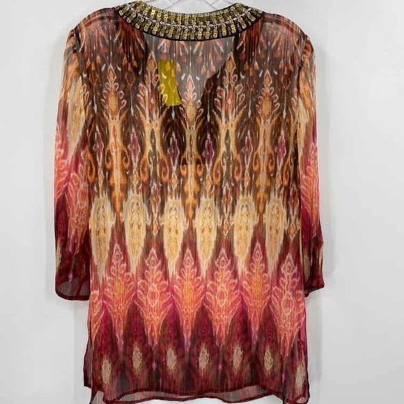 Chicos Size 1 US M Tropic Delight Kaikoura Embellished Tunic Top Boho Semi Sheer - Picture 5 of 10